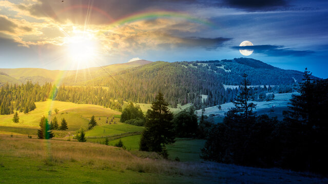 mountainous countryside landscape in summer. day meet night. sun and moon over view of green rural scenery with grassy pastures and rolling forested hills. wonderful mountain weather with cloudy sky
