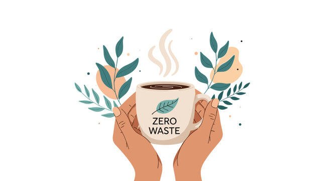 Two hands holding a warm cup of coffee with zero waste text and leaf icon surrounded by botanical decorations for sustainability.