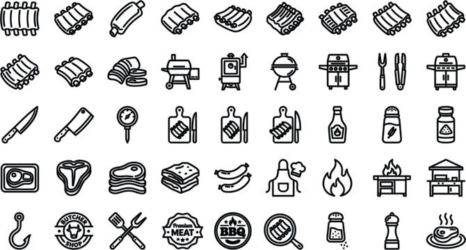 Barbecue Ribs and BBQ Grill Line Icon Set Featuring Raw Meat Cutlets Smoked Sausages Cleavers Aprons and Fire Flame Symbols for Restaurant Menu DesignsBarbecue Ribs and BBQ Grill Line Icon Set Featuri