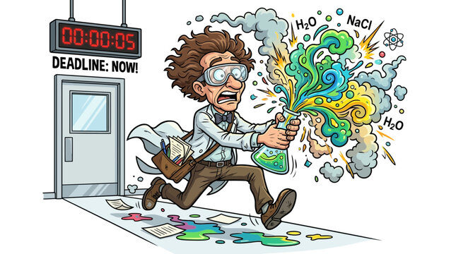 Scientist running with exploding beaker, deadline approaching, chaotic experiment