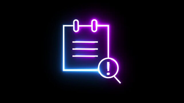 Neon notepad with magnifying glass exclamation mark icon glowing in dark space.