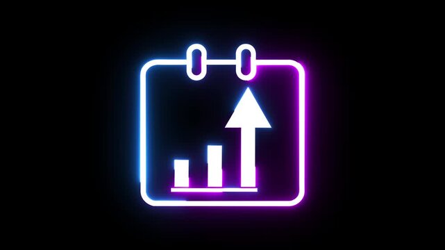 Neon calendar icon with rising bar graph animation glowing on dark black background.