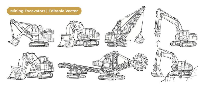 Mining excavator vector outline set featuring heavy machinery icons of bucket wheel, shovel, digger, dragline, crane, and breaker. Heavy construction equipment illustration for children coloring page.
