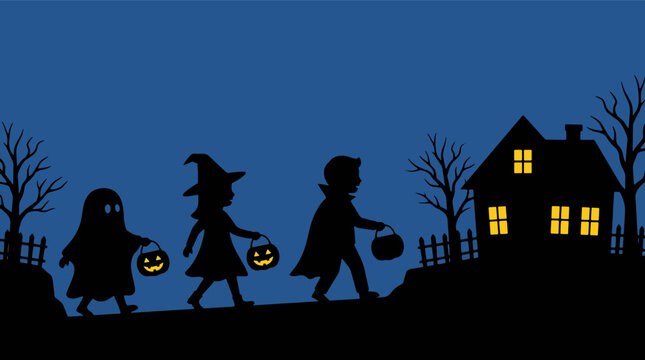 Children trick or treating at night silhouette design with house and pumpkin pail