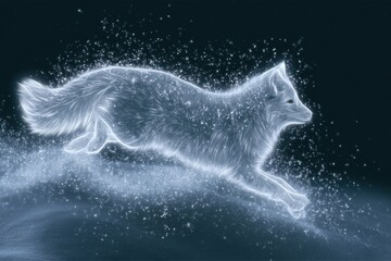 Naklejka premium Arctic fox leaps through deep snow, body glows in white neon, tiny snow crystals float around in a dark background, creating a dynamic scene.