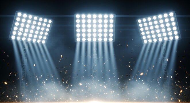 Bright stadium floodlights shining down on a sports field at night