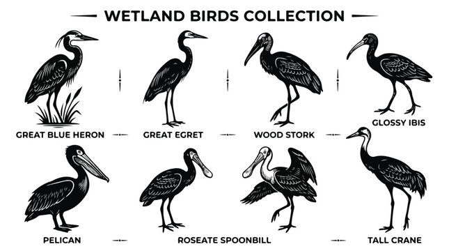 Collection of various wetland bird silhouettes including heron, egret, stork, and crane