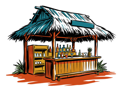 Tropical tiki bar illustration. Exotic beach shack with thatched roof. Summer cocktail bar design element.