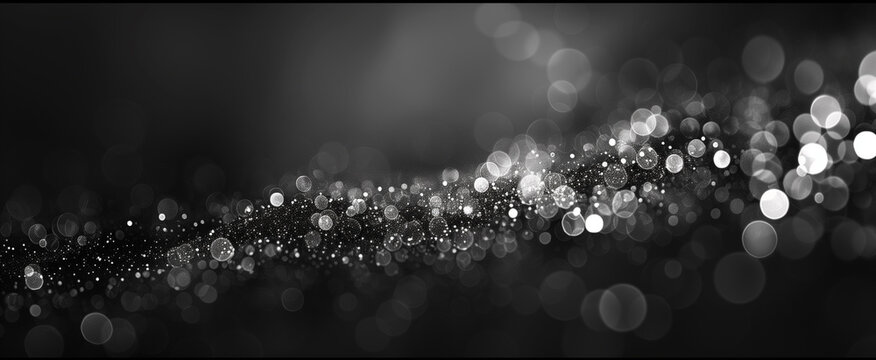 A dark monochrome abstract background with bright white bokeh lights and floating dust particles creating a mysterious atmosphere