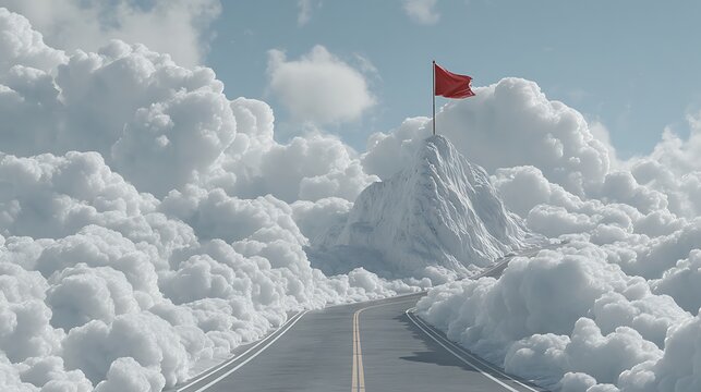 Red flag waving against snowy mountain peak with white clouds in blue sky
