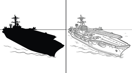 Aircraft Carrier Silhouette and Outline Flat Vector Illustration with Crosshairs for Targeting Military Naval Ships © Muskan