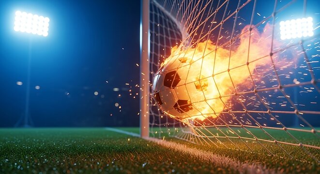Soccer ball exploding in goal net on nighttime stadium field