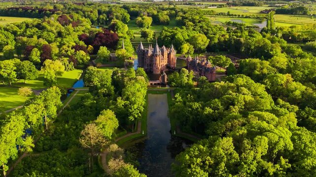 Aerial drone view of neogothic castle de Haar, the largest castle in the Netherlands, province of Utrecht, May 14, 2026. High quality 4k footage