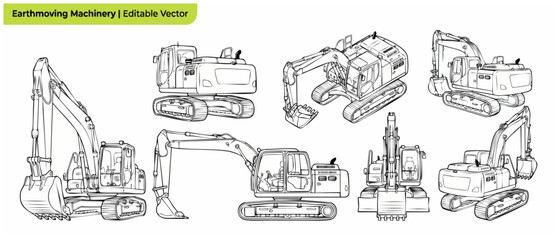 Obraz premium Excavator Vector Line Art Set of Heavy Construction Digger Machinery showing various angles and views for technical drawings, coloring book, and engineering design diagram isolated on white background
