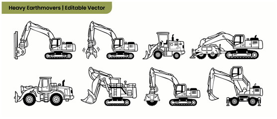 Obraz premium Heavy excavator vector outline icons featuring various construction machinery designs perfect for industrial and engineering design projects, including loaders, diggers, and heavy equipment graphics.