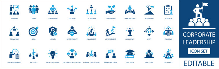 Corporate leadership solid icon set. Featuring team building, strategy, conflict resolution, and decision making. Vector icons for HR training manuals, office posters, and management apps. © Pixel Flat Design
