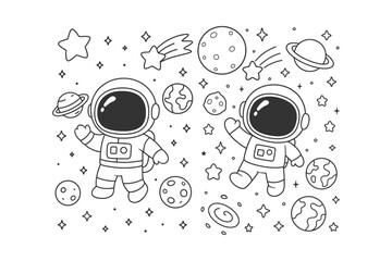 Two cute cartoon astronauts floating in space with planets, stars, and comets drawn in a simple black and white style © BWKit