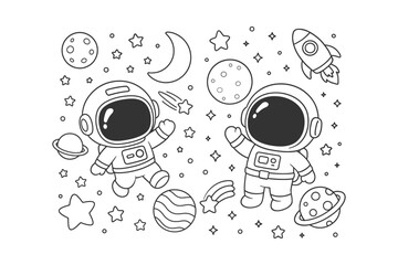 Two cute little astronauts floating in outer space surrounded by planets, stars, a rocket ship and a crescent moon shape © BWKit