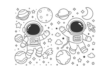 Two cute cartoon astronauts floating in space with planets, stars, moons, and rockets drawn in a simple black outline style © BWKit