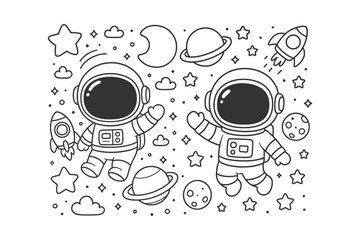 A cute hand drawn doodle illustration featuring two friendly astronauts waving their hands in a simple black and white style © BWKit