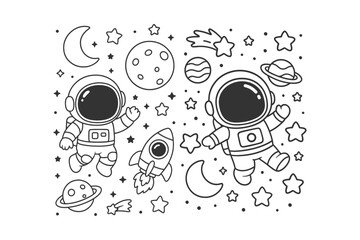 Cute cartoon astronauts floating in outer space with a rocket ship, planets, crescent moons and many twinkling glowing stars © BWKit