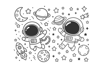 Cute hand drawn doodle astronauts floating through space with planets and stars in a simple clean black and white style © BWKit