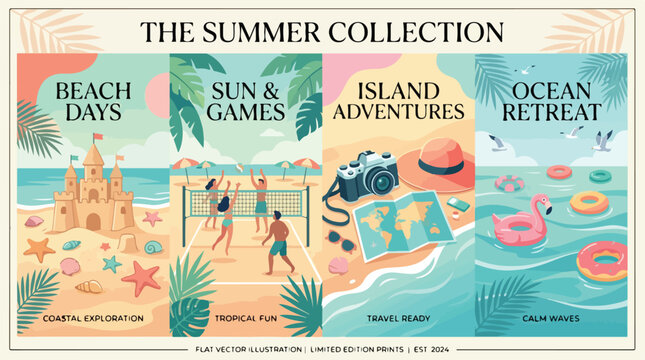 Vibrant summer beach scenes with sandcastle, games, island adventures, and ocean retreat