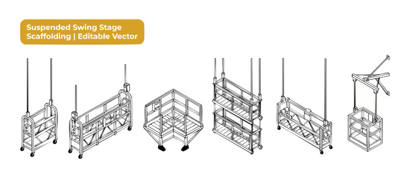 Suspended swing stage scaffolding vector set of isometric construction platforms hanging for high rise window cleaning and building maintenance work isolated on white background technical line art