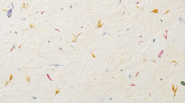 Ivory handmade paper with subtle fiber textures, and dried small wild flowers. recycled mulberry paper background 