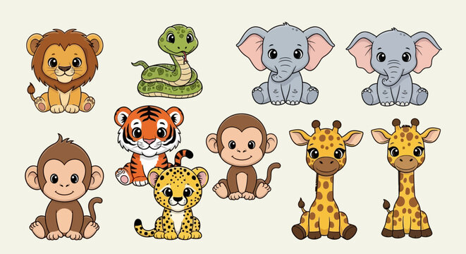 Cute cartoon jungle animals, baby zoo creatures, kids illustration, educational background