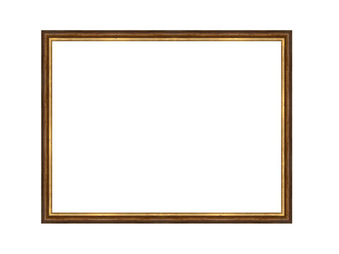 Classic brown wood 3x4 frame with gold inner border isolated transparent background.