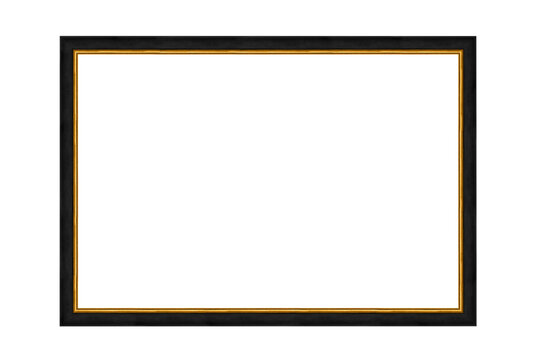 Classic black wood frame with gold inner border isolated transparent background.
