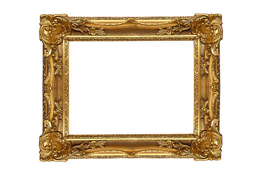 Ornate heavy baroque gold 3x4 picture frame isolated transparent background.