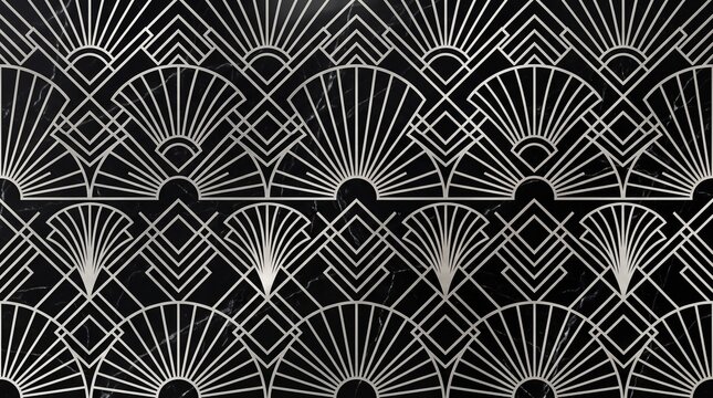 Elegant art deco seamless pattern with geometric fan shapes in white on a black background