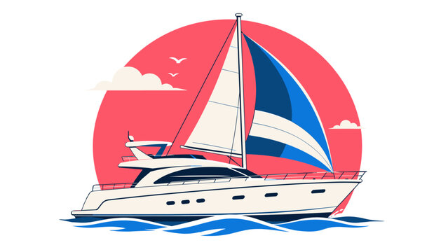 Stylized sailing yacht on waves with circular sunset background