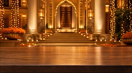 Obraz premium Elegant Wooden Tabletop with Luxury Palace Background