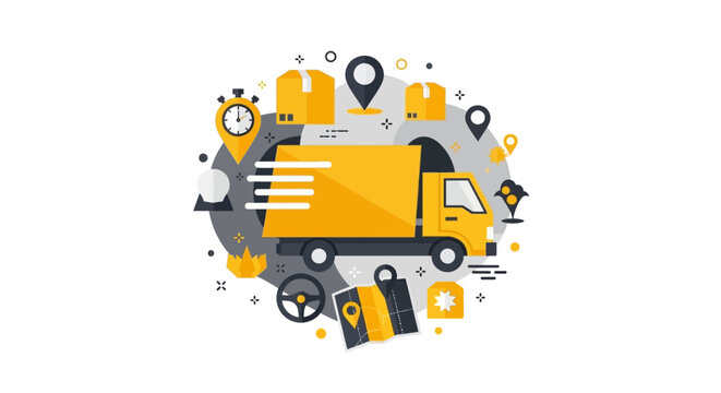Fast Delivery and Global Logistics Concept Illustration featuring a Yellow Cargo Truck, Parcel Boxes, Stopwatch, and GPS Location Pins on a White Background