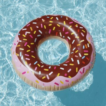 Chocolate donut inflatable swimming pool float floating on rippled water.