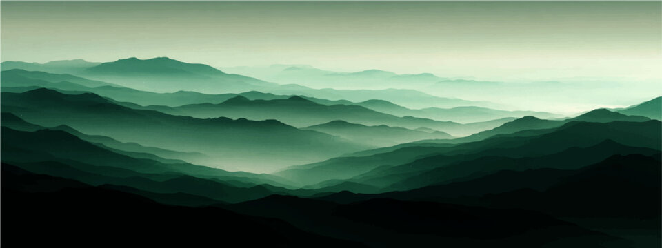 Misty emerald mountains shrouded ethereal fog, evoking profound tranquility and vastness.