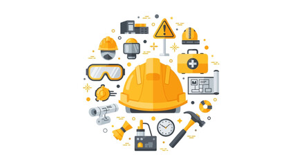 Naklejka premium Construction Safety Equipment and PPE Flat Icon Set in Circular Composition with Hard Hat, Goggles, and Tools