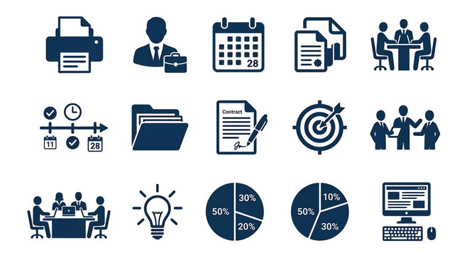 Business Icons Set Flat Blue Pictograms On White Background