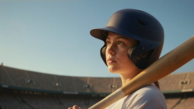 A young female baseball or softball player wearing a blue helmet and holding a wooden bat on her shoulder, looking determined in a stadium under a clear sky during sunset