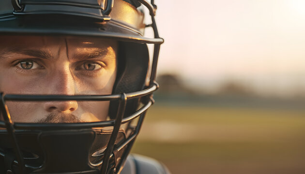 Close-up portrait of a male baseball catcher wearing a protective black face mask helmet, looking intensely with a focused gaze during an outdoor game at sunset golden hour.