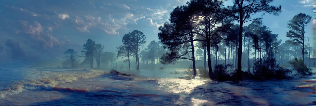 A misty forest landscape with tall pine trees casting long shadows over a frosty, textured ground during early morning light.