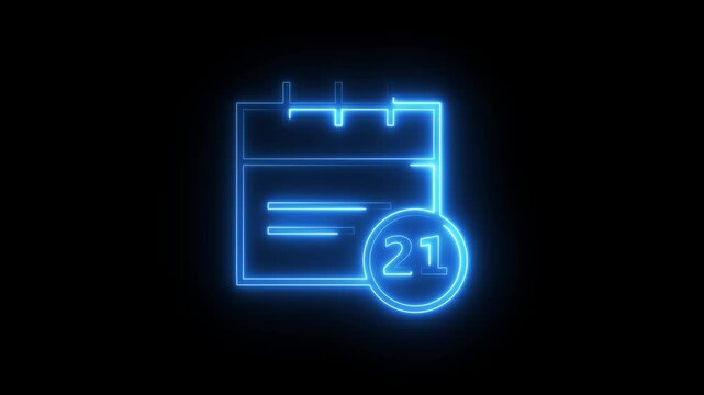 Neon blue outline of calendar icon representing twenty first date on black surface.