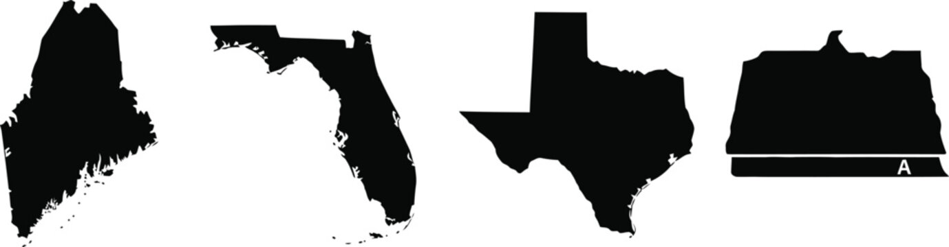 Set of black silhouettes of united states state maps including maine florida and texas