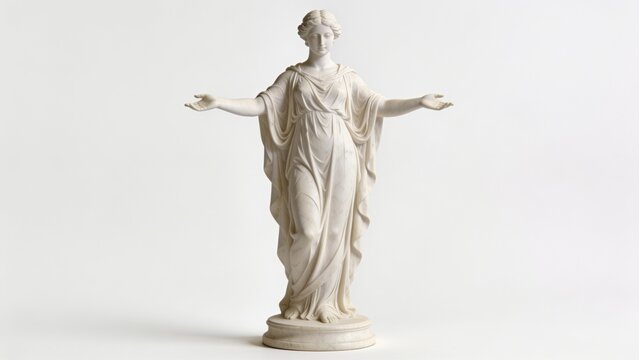 Classic white marble sculpture of a standing woman with open arms, sculpture