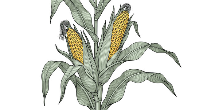 Engraving style botanical illustration of corn stalks with ripe golden cobs wrapped in green husks on white.