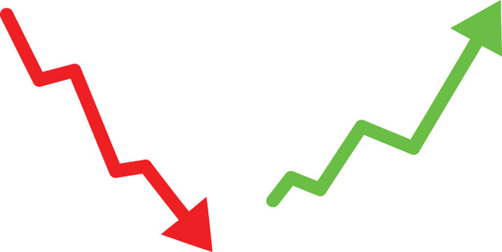 Red down arrow and green up arrow showing business growth and decline