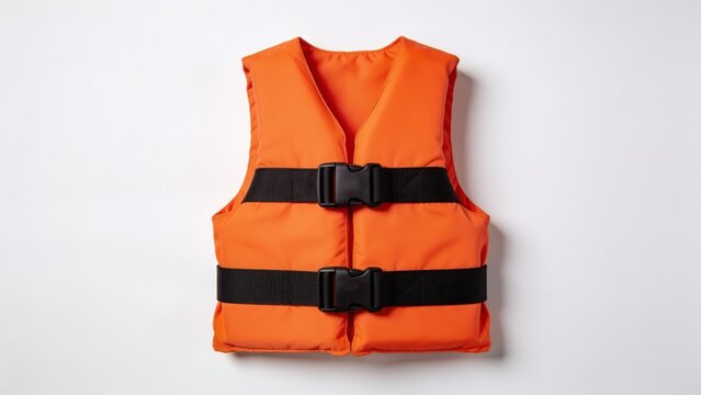 Bright orange life jacket with black buckles isolated equipment floating